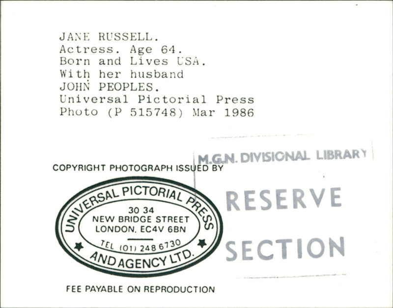 1986 - RUSSELL JANE FILMS ACTRESS AGE, LONDON, JOHN - Vintage Photograph