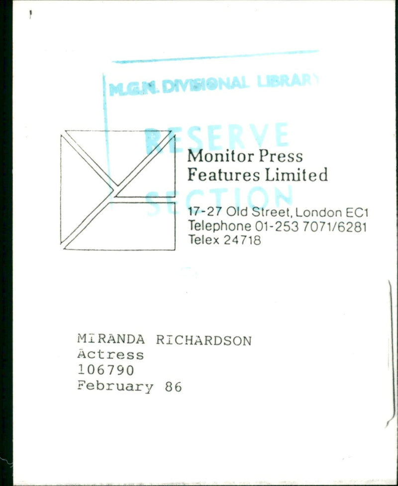 ACTRESS RICHARDSON MIRADA - MGN ESERVE DIVISIONAL LIBRARY MIRANDA, LONDON - Vintage Photograph