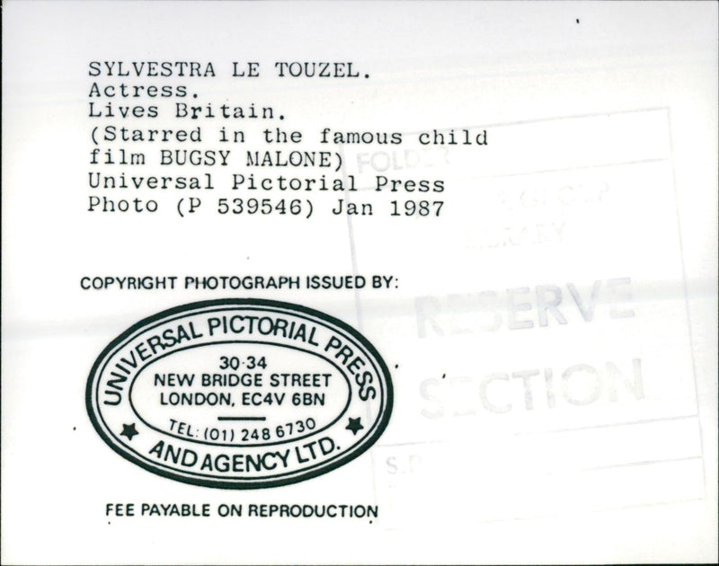 1987 - TOUZEL SYLVESTRA ACTRESS, LONDON, FILM - Vintage Photograph