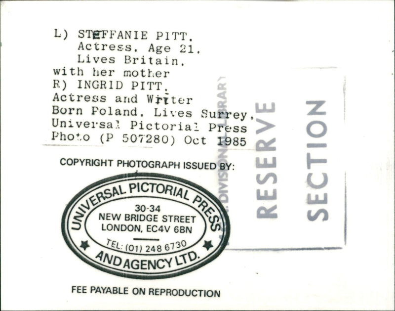 1985 - PITT STEFFANIE ACTRESS, LONDON, WRITER - Vintage Photograph