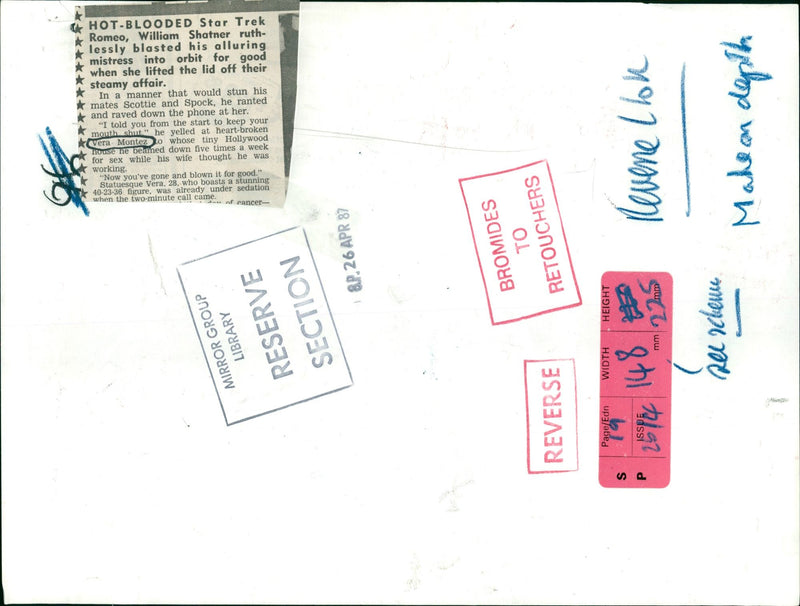 1987 - MONTEZ VERA STAR BLOODED HOT TREK WILLIAM, LONDON, ROMEO, WIFE - Vintage Photograph