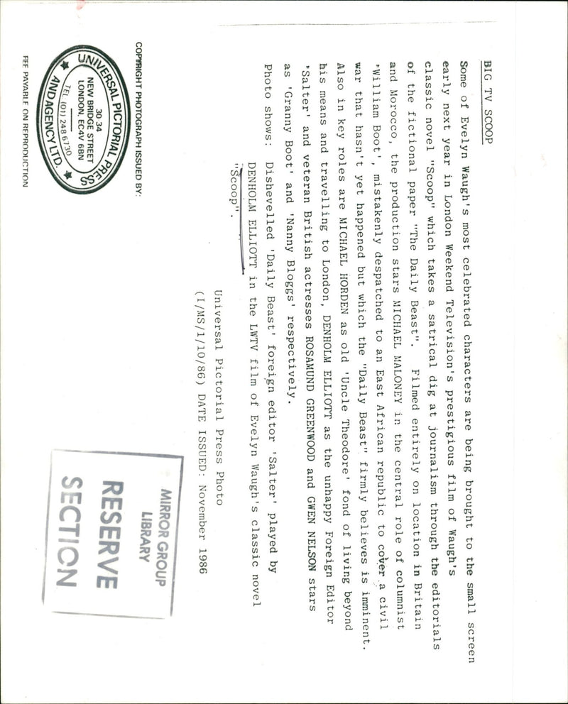 1986 - SOME SCOOP BIG MICHAEL MALONEY WILLIAM NELSON, LONDON, WAR, FILM - Vintage Photograph