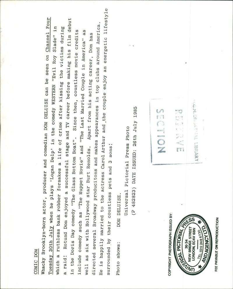 1985 - DELUISE DEN COMIC WHACKY BROOKLYN DOM, LONDON, MOVIE, ACTRESS - Vintage Photograph