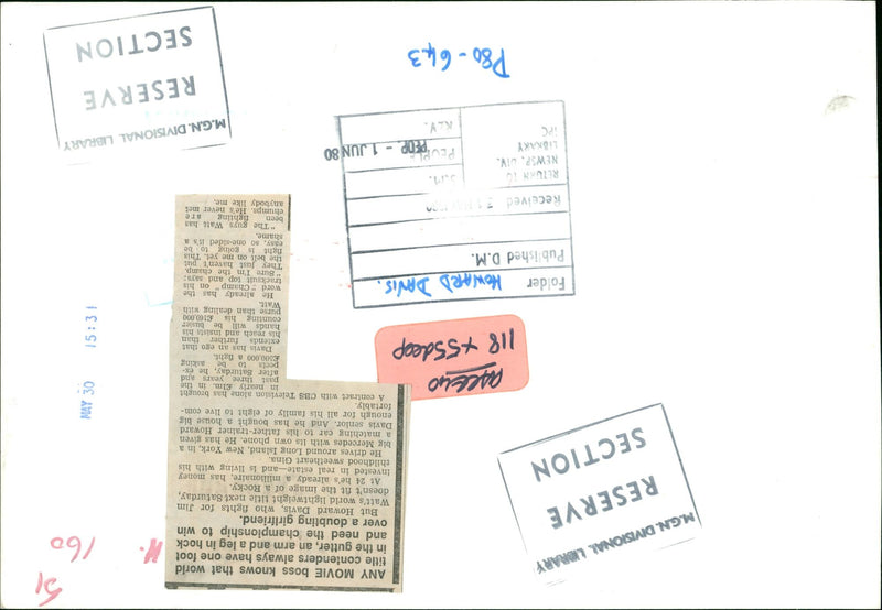 DAVIS HOWARD BOXER - DIVISIONAL LIBRARY, IMAGE, MOVIE, CAR - Vintage Photograph