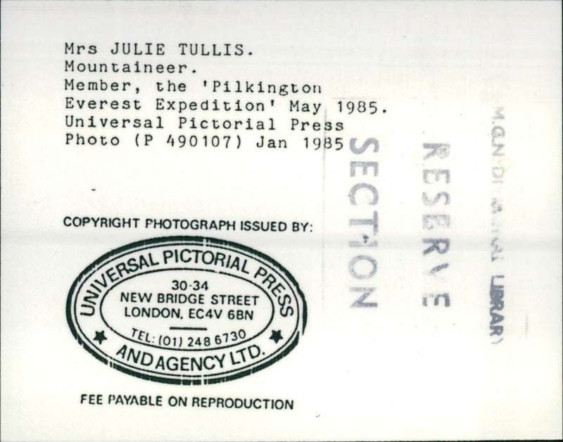 1985 - TULLIS JULIE MOUNTAINEER MRS, LONDON, EXPEDITION, PRESS - Vintage Photograph