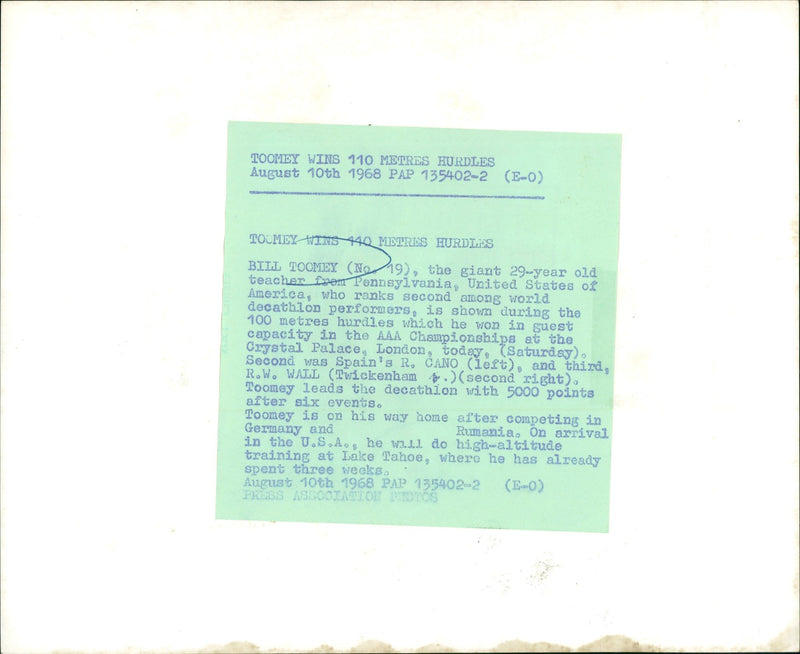 1968 - COMEY BILL ATHLETE METRES HURDLES TOOMEY WINS BEZ R. TOM CANO AMLETE - Vintage Photograph