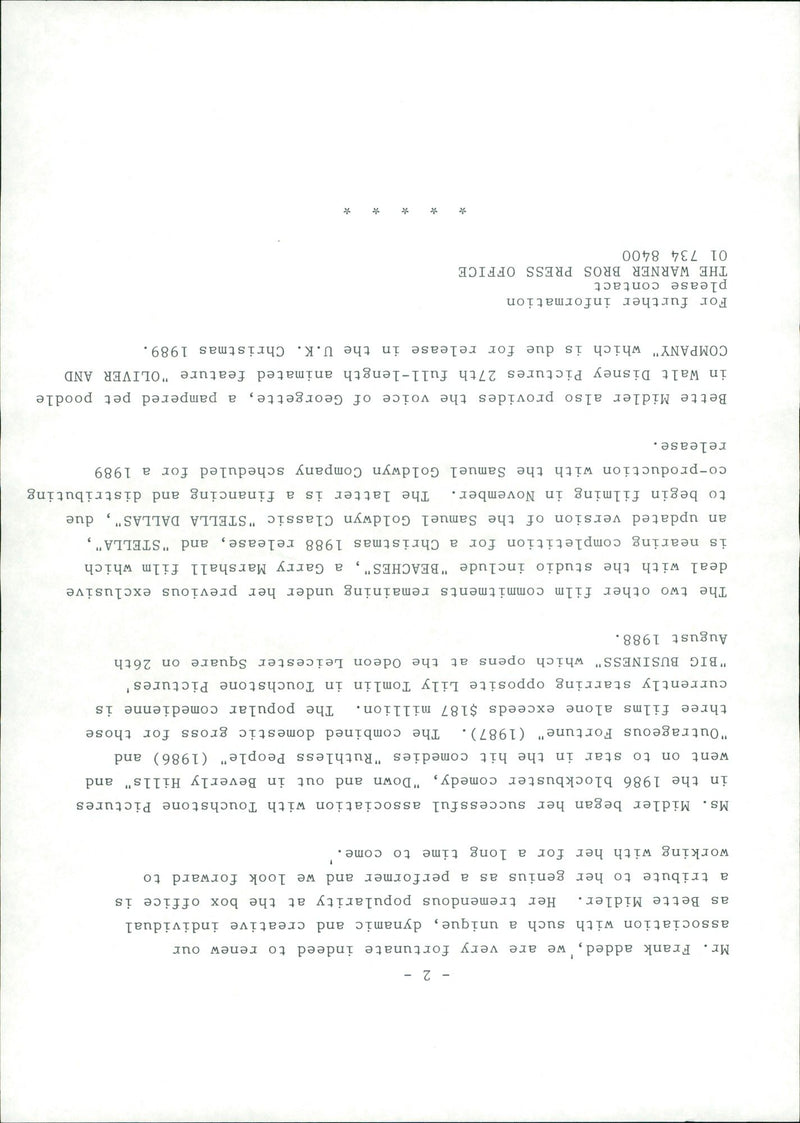 1986 - MIDLER BETTE U S SINGER BY BROS WARNER, TWO, FILM, WALT - Vintage Photograph