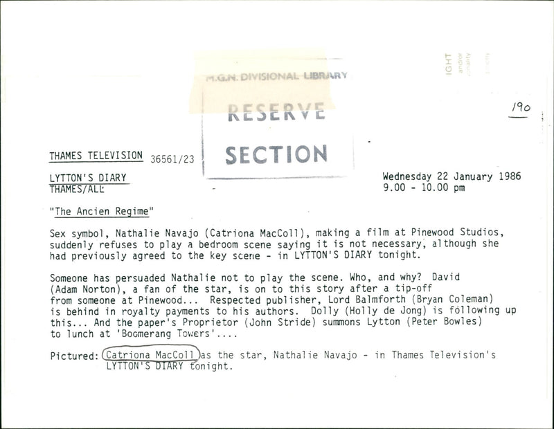 1986 - MALCOLL CATRIONA ACTRESS DIVISIONAL UBRARY MACCOLL JONG HOLLY DE, FILM - Vintage Photograph