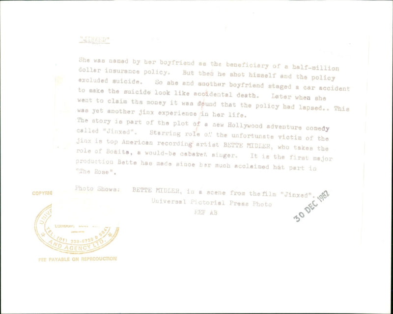 1982 - MIDLER BETTE U S SINGER NAMED WAS SHE, FILM, AMERICAN, CAR - Vintage Photograph