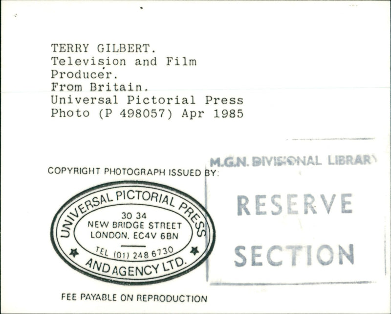 1985 - GILBERT TERRY T J FILM G AND TELEVISION, LONDON - Vintage Photograph