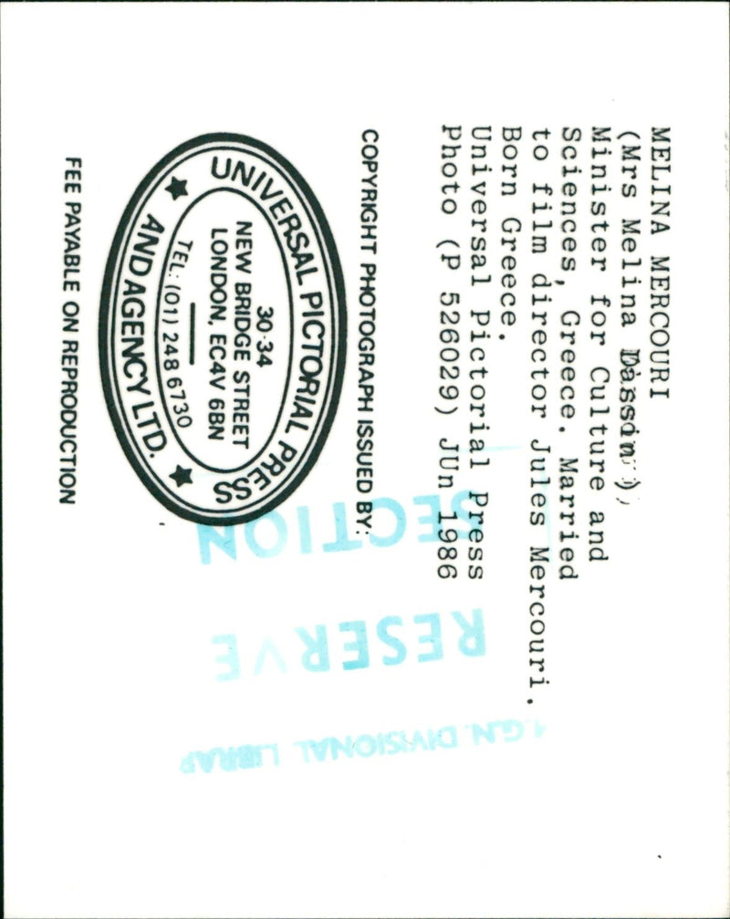 1986 - MERCOURI MELINA ACTRESS MRS, LONDON, GREECE, FILM - Vintage Photograph