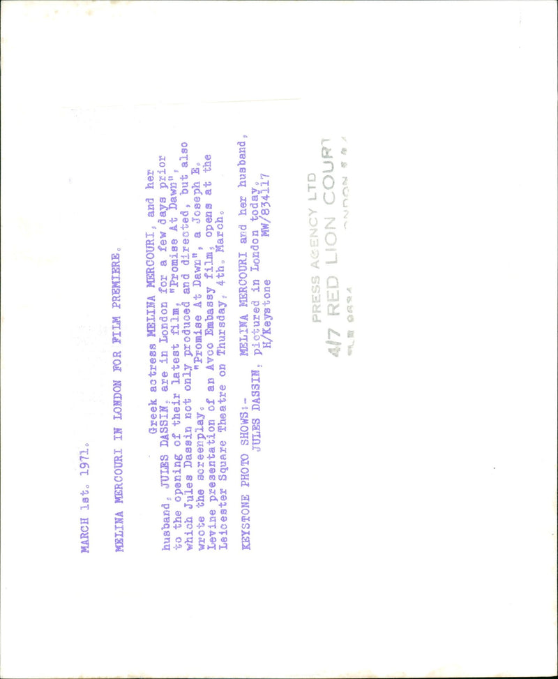 1972 - MERCOURI MELINA ACTRESS MARCH LAT LEVINE JOSEPH E., LONDON, FILM - Vintage Photograph