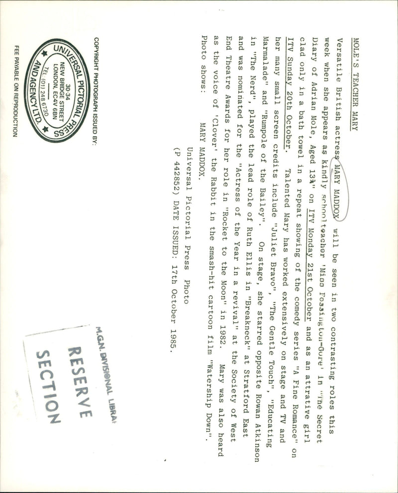 1982 - LYOU TEAAUW VERSATILE MOLES TEACHER MARY RUTH ELLIS MADDOX, LONDON, FILM - Vintage Photograph