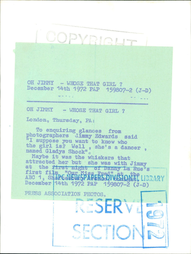 1972 - EDWARDS MMY STACE WHOSE JIMMY COPYRIGHT DANNY LA, FILM, DANCER, LONDON - Vintage Photograph