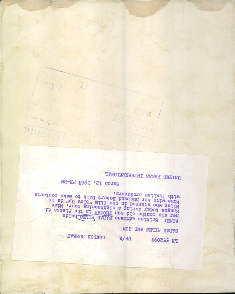 1968 - MISS SARAH ACTRESS LONDON MILES, FILM - Vintage Photograph