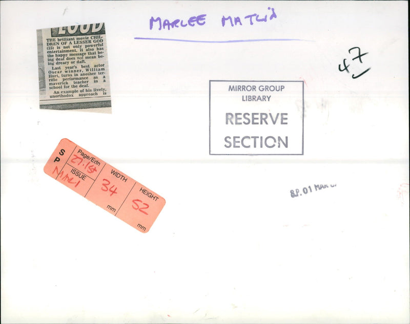 1986 - MATLIN MARLEE ACTRESS RILIE ERANCE BY TAKASHI SEIDA WILLIAM OSCAR, MOVIE - Vintage Photograph