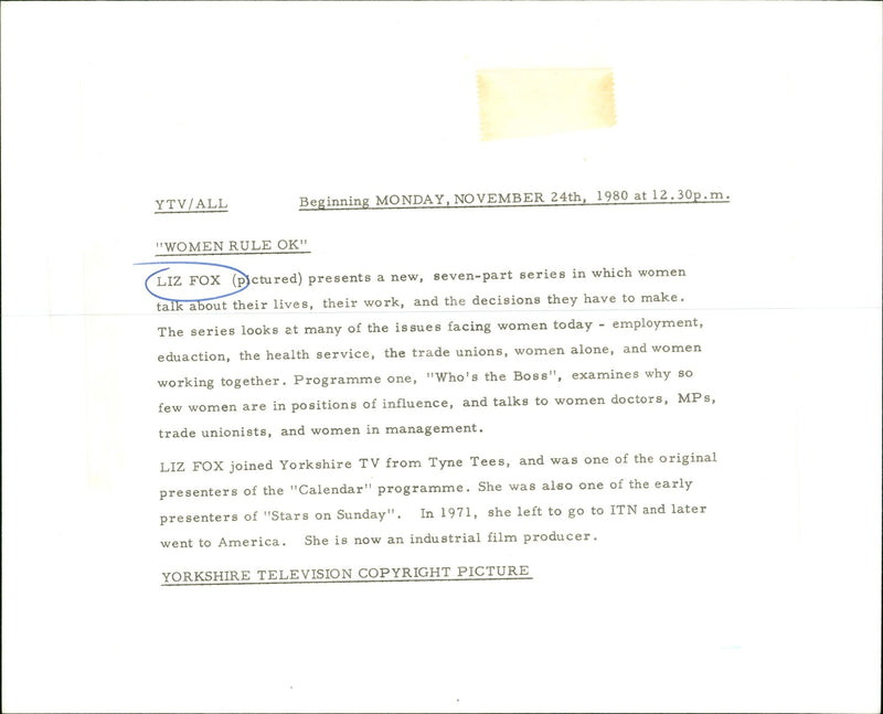 1971 - FOX TV BEGINNING MONDAY YTV ALL LIZ, FILM, TOGETHER, ONE - Vintage Photograph