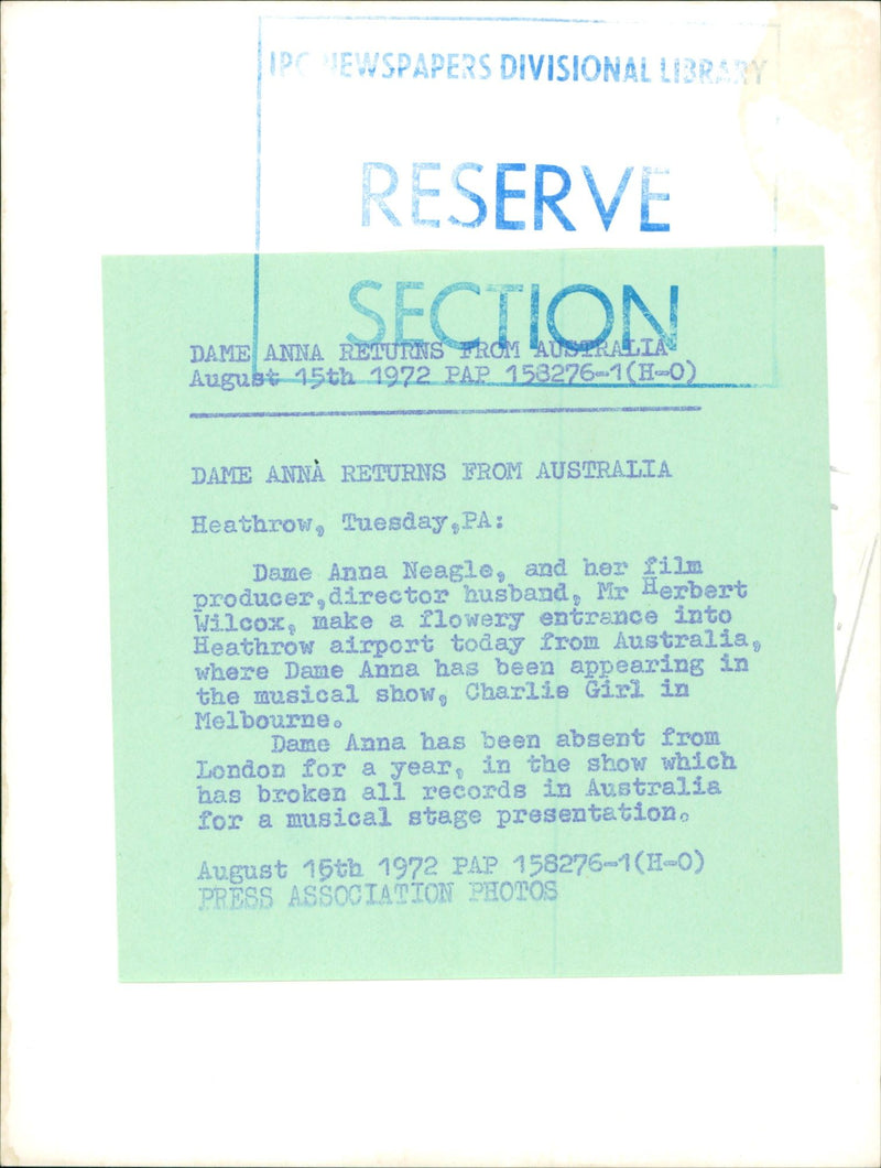 1972 - NEAGLE ANNA ACTRESS RESERVE EWSPAPERS DIVISIONALLBRARY 1582761, FILM - Vintage Photograph