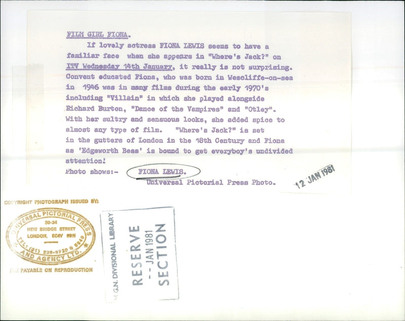 1946 - LEWIS FIONA ACTRESS FILM TEL GIRL, LONDON - Vintage Photograph