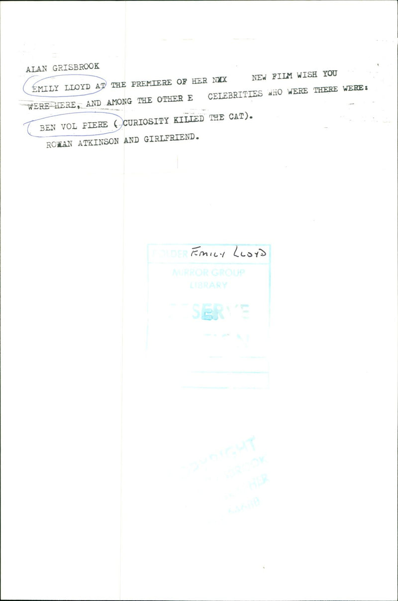 ALAN GRISBROOK CE ENTLY LLOYD - FILM NEW, PREMIERE, GIRLFRIEND - Vintage Photograph