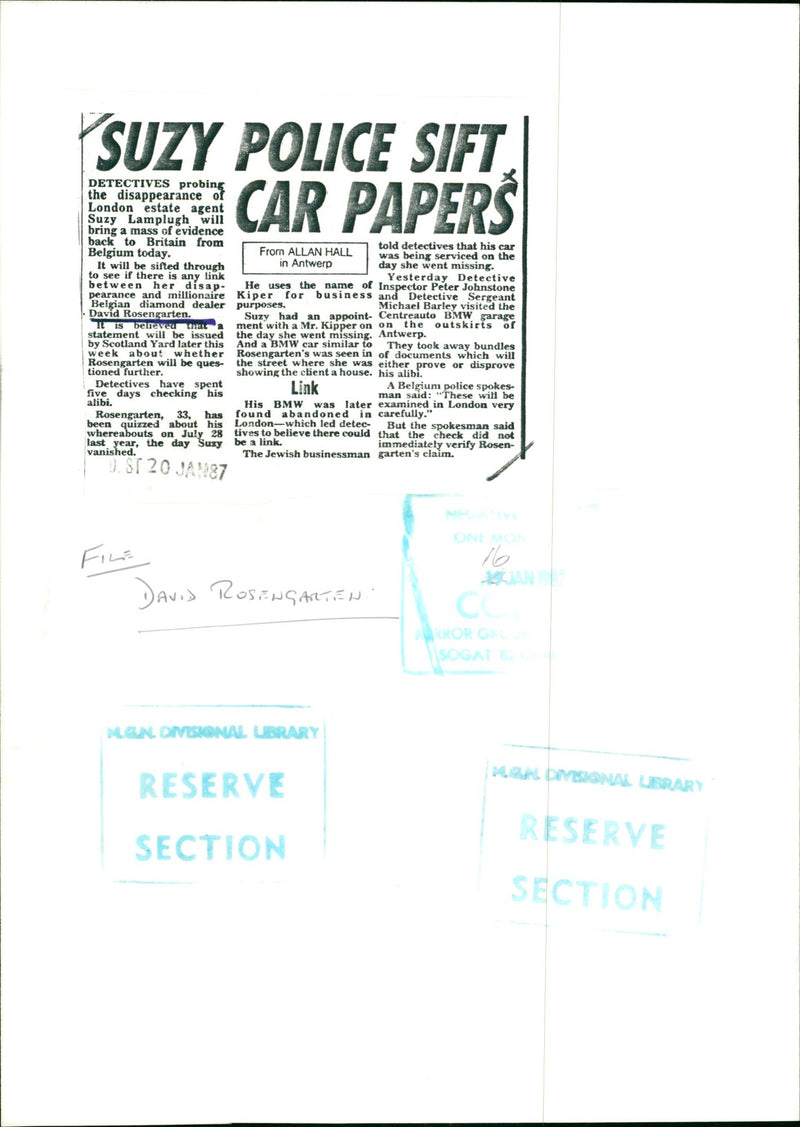 ROSENGARTEN DAVID MR KIPER SUZY LAMPLUGH CASE - SIFT POLICE CAR PETER JOHNSTONE - Vintage Photograph