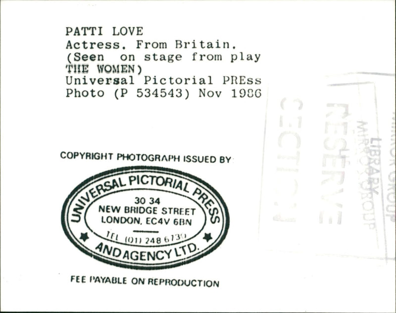 1986 - PATTI LOVE ACTRESS FROM, LONDON - Vintage Photograph