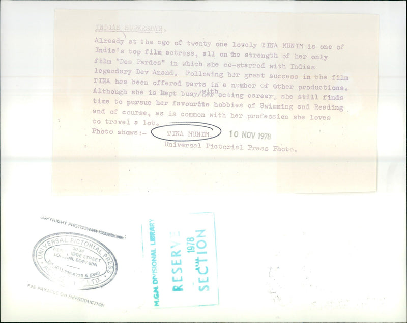 1978 - MUNIM TINA CTRESS ALREADY INDIAE SUPERSTAR, FILM, ACTRESS, - Vintage Photograph