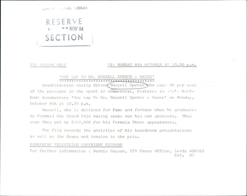 SPENCE RUSSELL RACING DRIVER - LIBRAR RESERVE NONAL CASSON DENNIS, FILM - Vintage Photograph