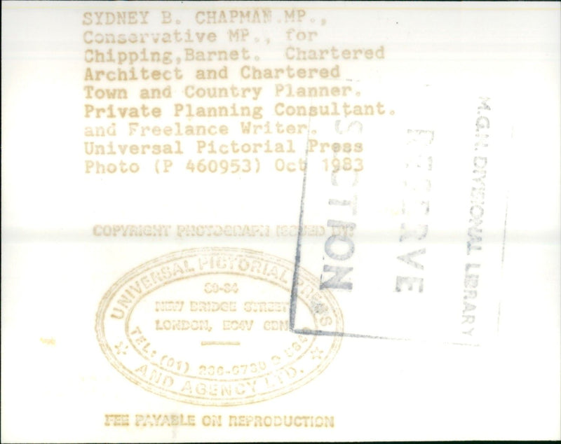 1983 - CHAPMAN SYDNEY B CONS M P, LONDON, WRITER, PRESS - Vintage Photograph