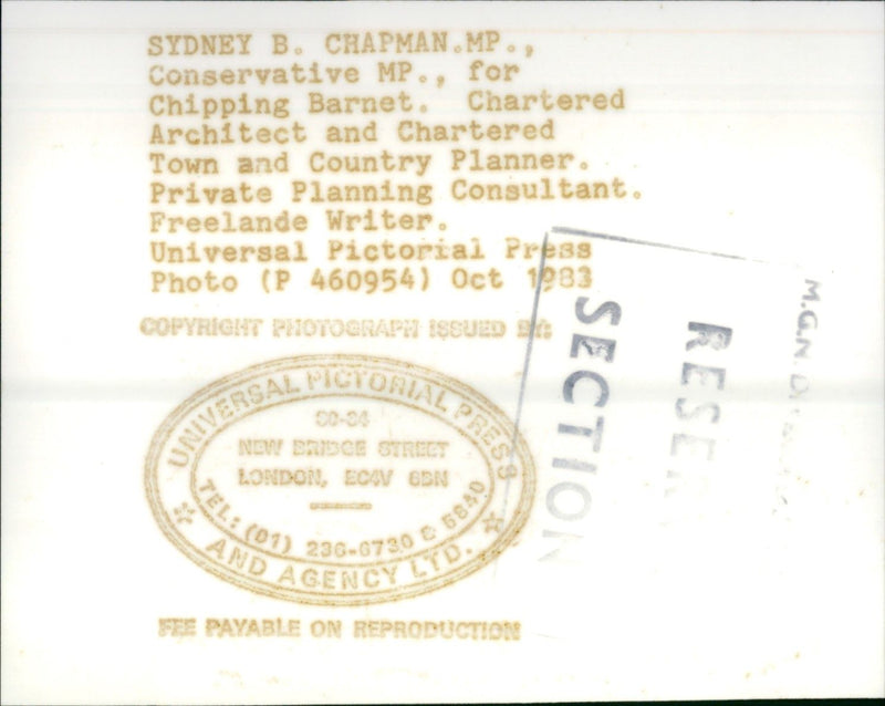 1983 - CHAPMAN SYDNEY B CONS M P, LONDON, WRITER, PRESS - Vintage Photograph