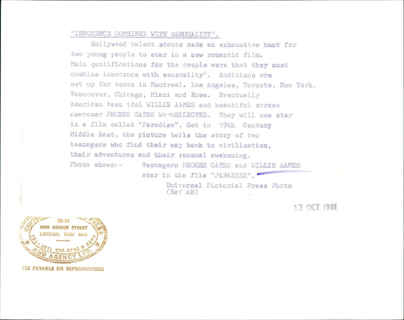 1981 - AAMES WILLIE VIKINTOOJENCE COMBINED WITH, FILM, AMERICAN, LONDON - Vintage Photograph