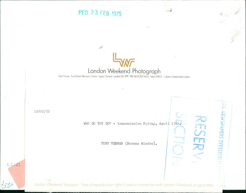 1975 - VENNER TONY ACTOR FEB LIN LONDON PEO, HOUSE, SOUTH - Vintage Photograph