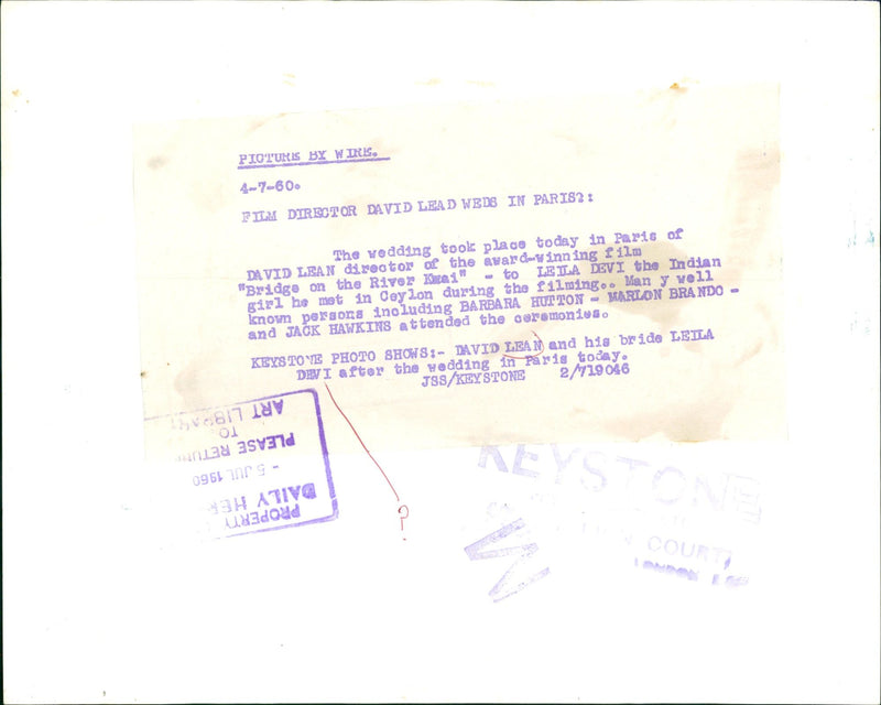 LEAN DAVID SIR JUNE SY FILMS - WIR PICTURES HUTZON MARLON JACK BARBARA, PARIS - Vintage Photograph