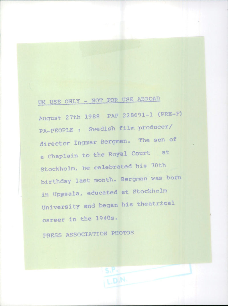 1988 - BERGMAN INGMAR R ONLY USE NOT, FILM, ROYAL, SWEDISH - Vintage Photograph