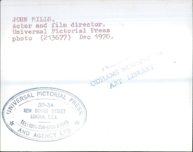 1970 - JOHN MILIS ALTO MILLS SIR TEL AGENCY LTD, LONDON, FILM - Vintage Photograph