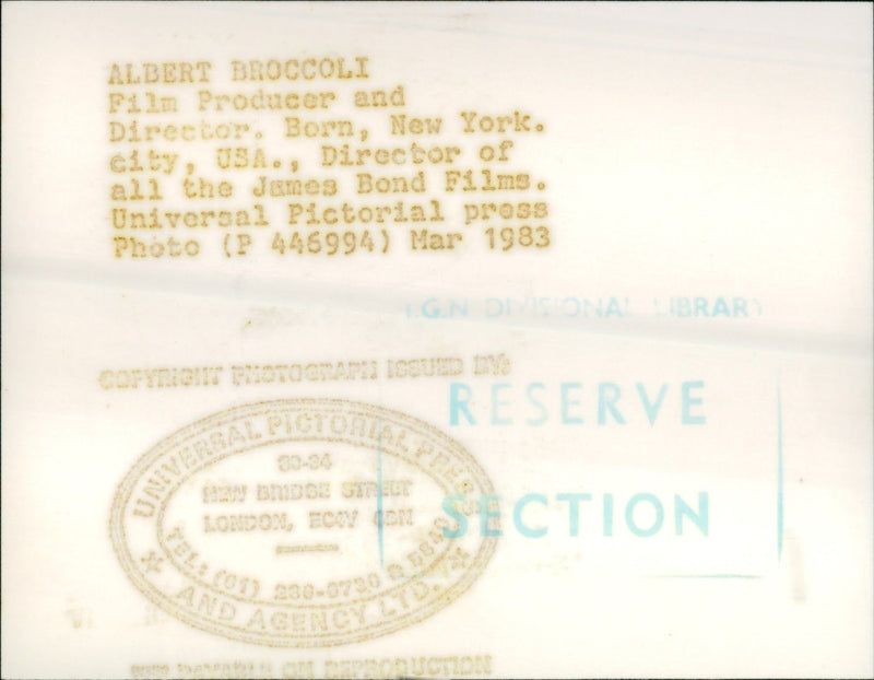 1983 - BROCCOLI ALBERT PRODUCER PROD FILM, LONDON - Vintage Photograph