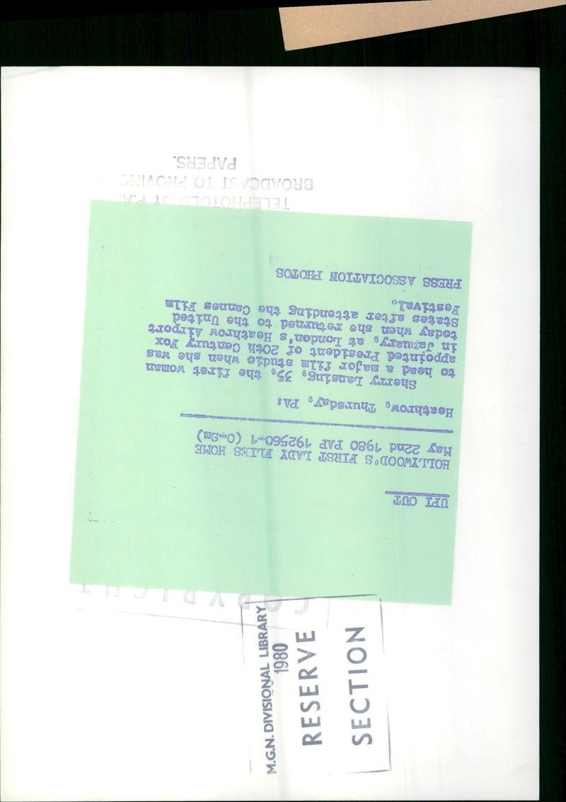 1980 - LANSING SHERRY TH CE RESERVE SECTION, FILM, PRESIDENT - Vintage Photograph