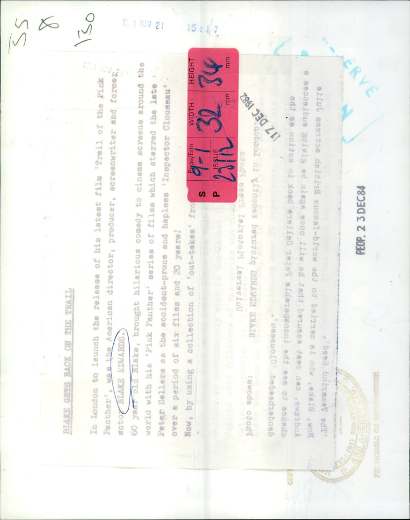 1982 - EDWARDS BLAKE FILM PRODUCER BLAKS GETS BACK DOENG 3AE DE EDMY, AMERICAN - Vintage Photograph