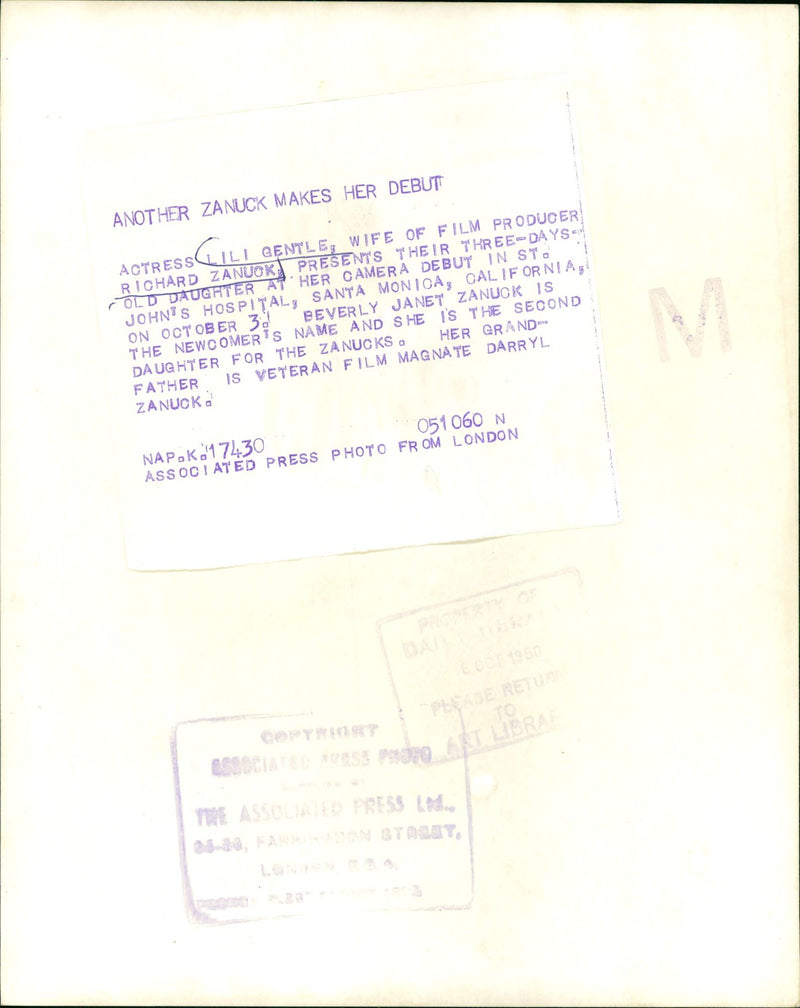 ZANUCK JANET BEVERLY FILMS RICHARD D FOX - MAKES HER ANOTHER DARRYL, ACTRESS - Vintage Photograph