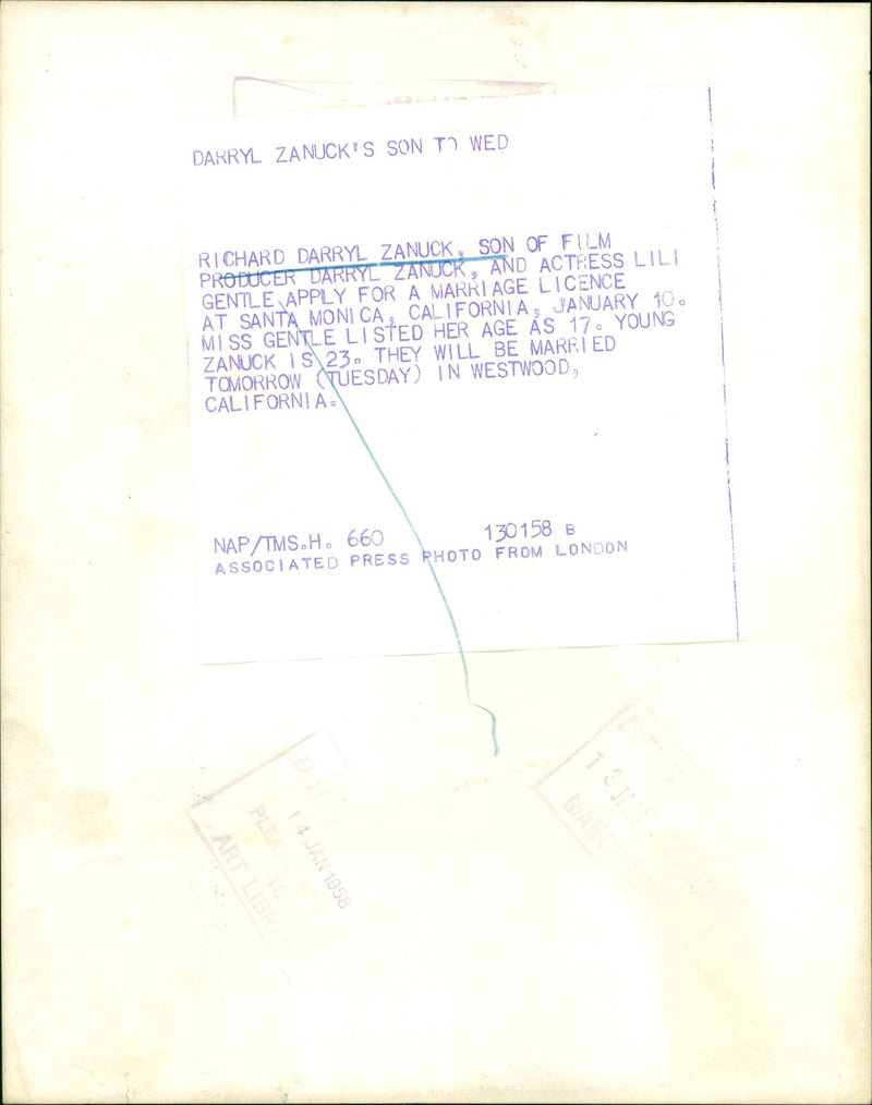 1958 - FILM OF SON ZANUCK DARRYL RICHARD FILMS FOX ZANUCKS, ACTRESS, LONDON - Vintage Photograph