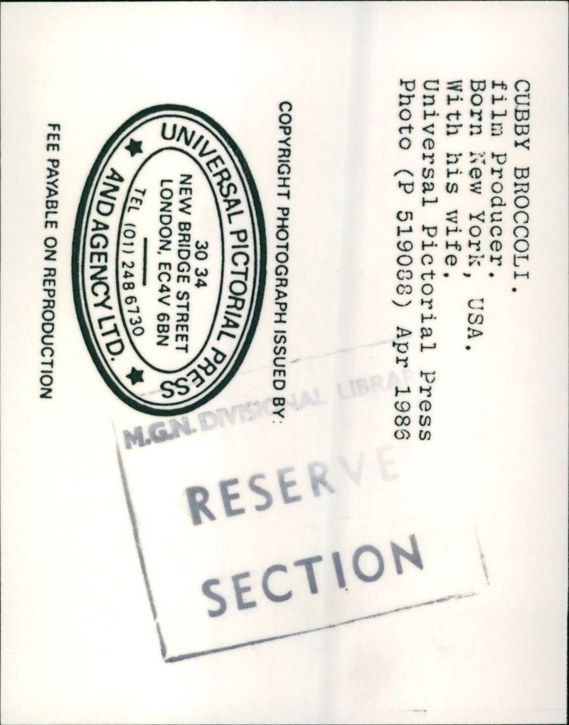 1986 - BROCCOLI ALBERT PRODUCER PROD CUBBY FILM, LONDON, WIFE - Vintage Photograph