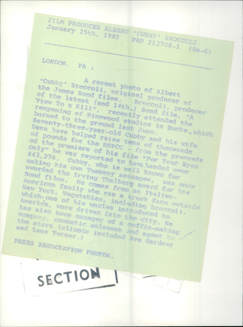 1985 - BROCCOLI ALBERT PRODUCER PROD CUBBY FILM DANA, LONDON, AMERICAN - Vintage Photograph