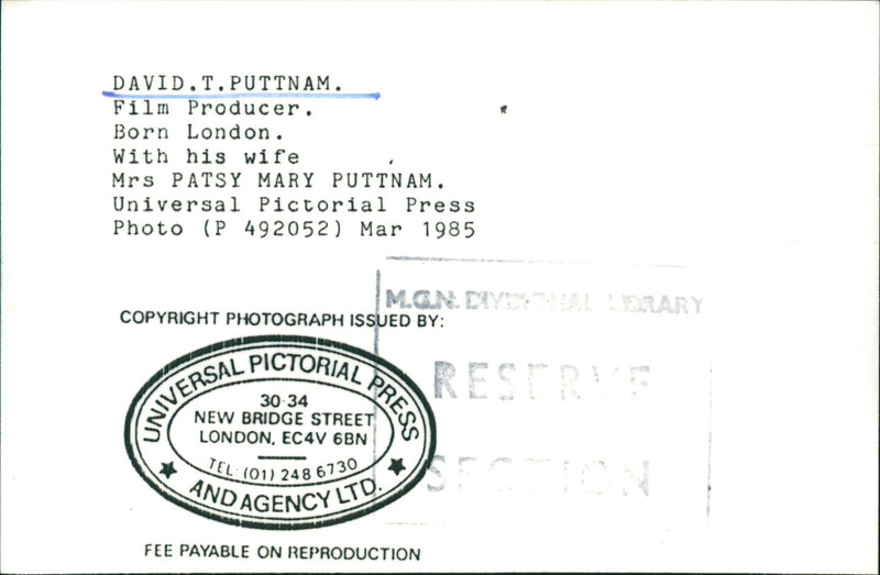 1985 - PUTTNAM DAVID FILM PROD, LONDON - Vintage Photograph