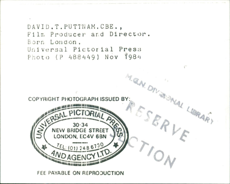 1984 - PUTTNAM DAVID FILM PROD CBE PUTINAM, LONDON - Vintage Photograph