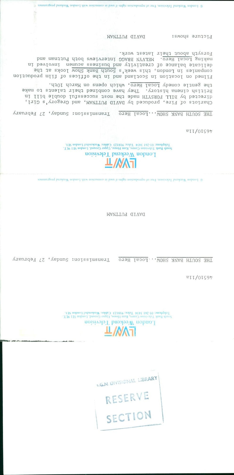 PUTTNAM DAVID FILM PROD - AMVISION LVNT SAYESU NOILES MELVYN, BRITISH, LONDON - Vintage Photograph