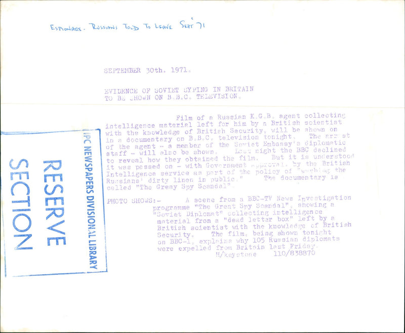 1972 - ESPIONAGE RESSIAN DIPLOMATS TOLD TO LEAVE SEPT RUSSIANS, BRITISH, FILM - Vintage Photograph