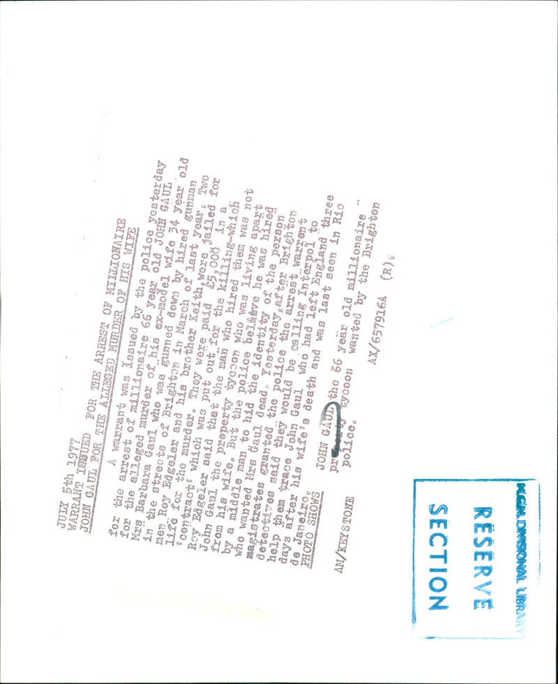 1977 - GAUL JOHN PRO PERRY TYCOON JUIY WARRANT ISSUED NOISININ, MODEL, WIFE - Vintage Photograph