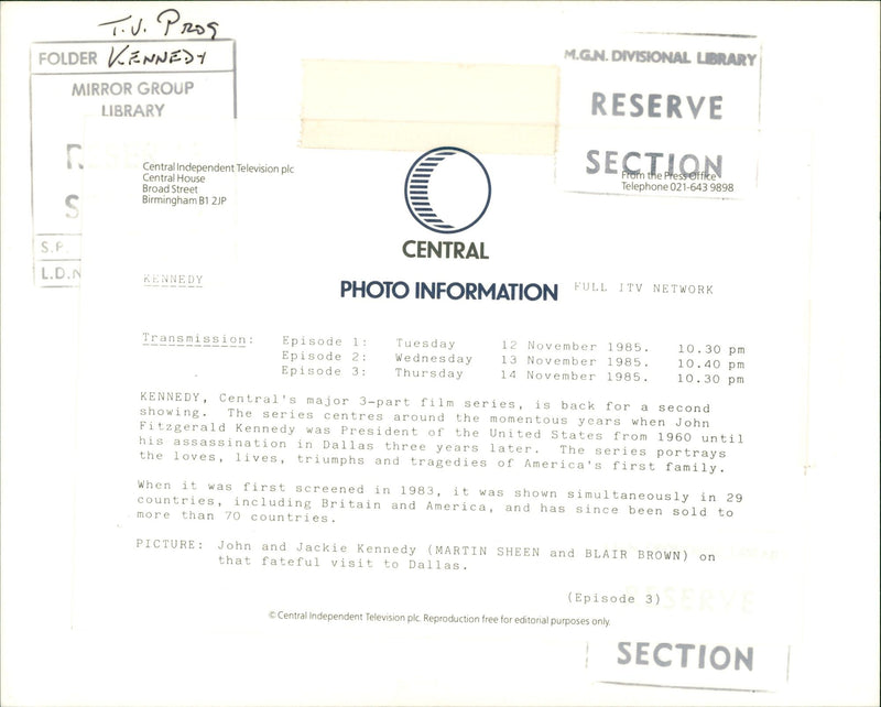 1960 - FOLDER VENNEDY PROS JOHN MARTIN FITZGERALD JACKIE KENNEDY, FILM - Vintage Photograph