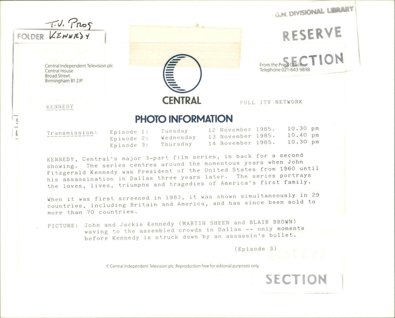 1960 - FOLDER KENNEDY PROS MARTIN JACKIE FITZGERALD JOHN, FILM - Vintage Photograph