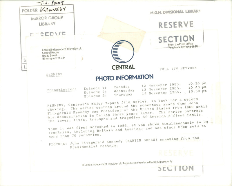 1960 - FOLDER PROG MARTIN KENNEDY FITZGERALD JOHN, FILM - Vintage Photograph